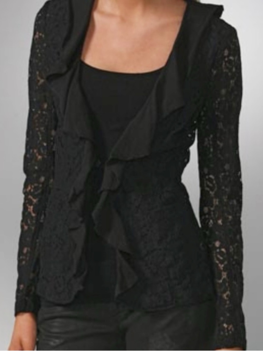Free People Eyelet Lace Ruffle Front Black Blazer Size 6